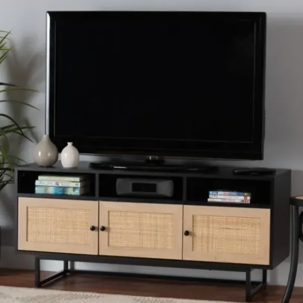 Tv Stands & Media Consoles-Kirkland's Home Wood And Rattan 3-Door Tv Stand Black