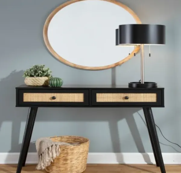 Entryway Furniture-Kirkland's Home Wood And Rattan 2-Drawer Console Table Black