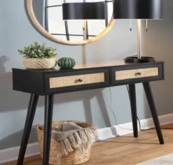 Entryway Furniture-Kirkland's Home Wood And Rattan 2-Drawer Console Table Black