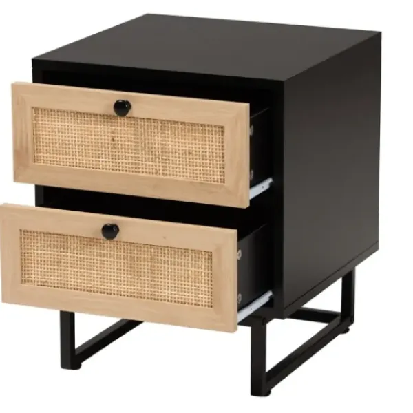 Nightstands-Kirkland's Home Wood And Rattan 2-Drawer Nightstand Black