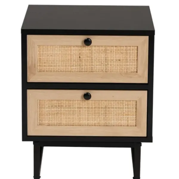 Nightstands-Kirkland's Home Wood And Rattan 2-Drawer Nightstand Black