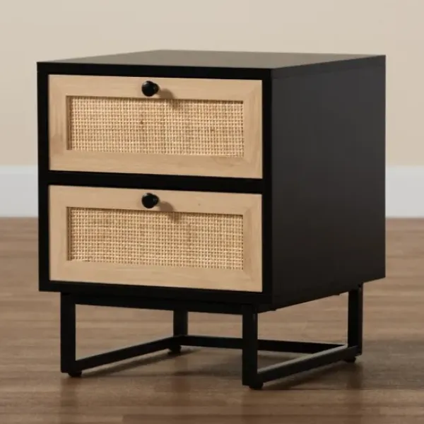 Nightstands-Kirkland's Home Wood And Rattan 2-Drawer Nightstand Black