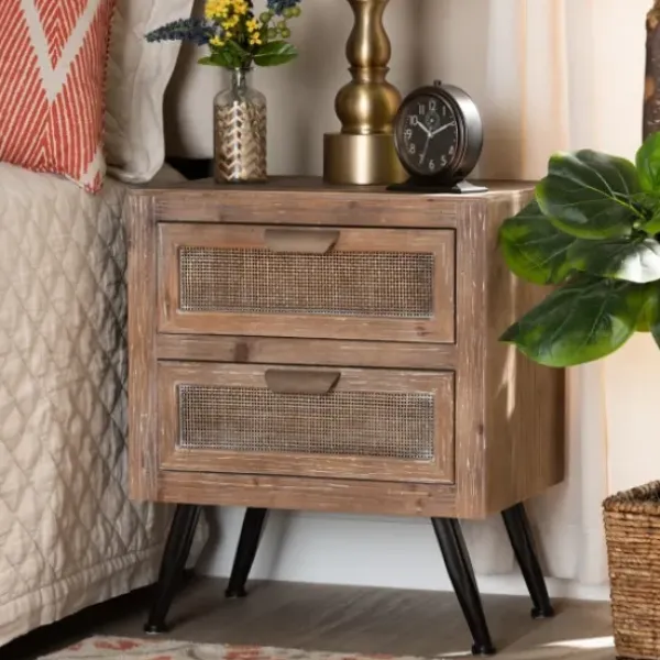 Nightstands-Kirkland's Home Wood And Rattan 2-Drawer Nightstand Brown