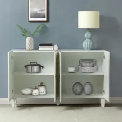 Cabinets & Sideboards-Kirkland's Home Wood Block Patterned 4-Door Sideboard White