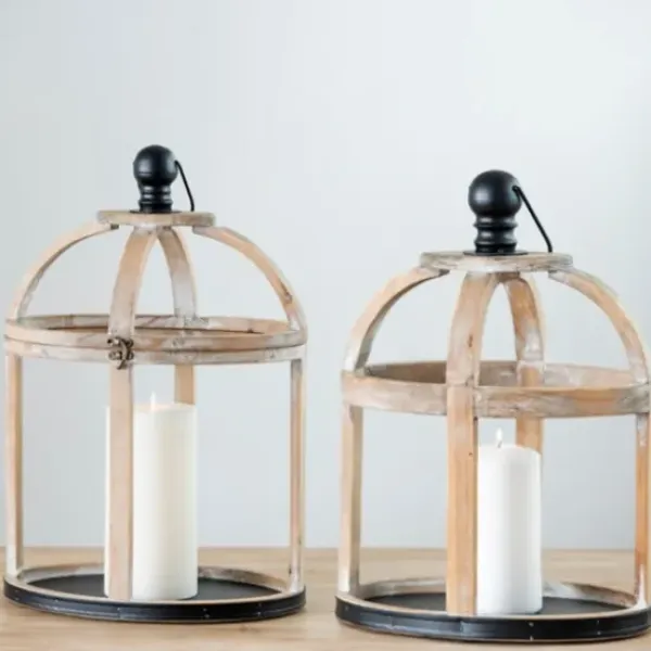 Lanterns-Kirkland's Home Wood Caged Metal Band 2-Pc. Decorative Lantern Set Tan/Black