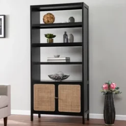 Bookshelves-Kirkland's Home Wood Cane Doors Bookshelf Black