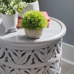 Accent & End Tables-Kirkland's Home Wood Carved Detail Accent Table Gray