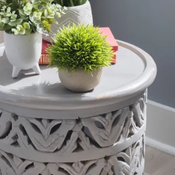 Accent & End Tables-Kirkland's Home Wood Carved Detail Accent Table Gray