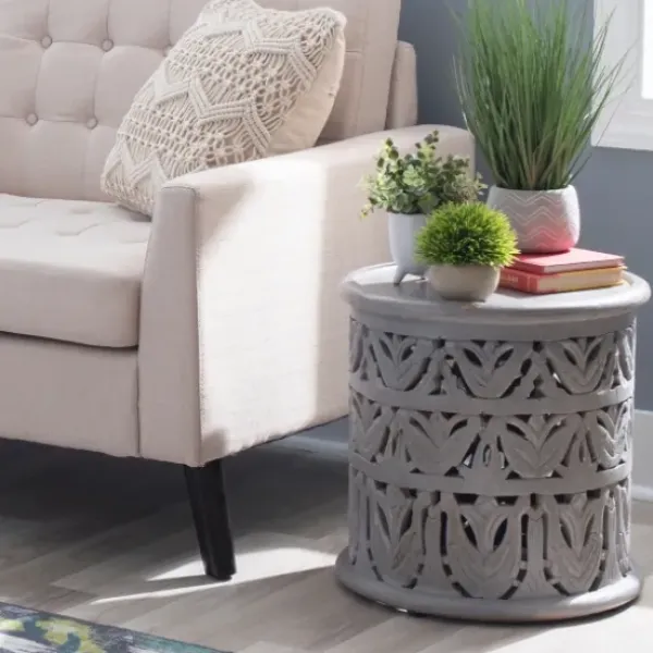 Accent & End Tables-Kirkland's Home Wood Carved Detail Accent Table Gray