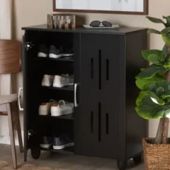 Entryway Furniture-Kirkland's Home Wood Cut-Out Shoe Storage Cabinet Black