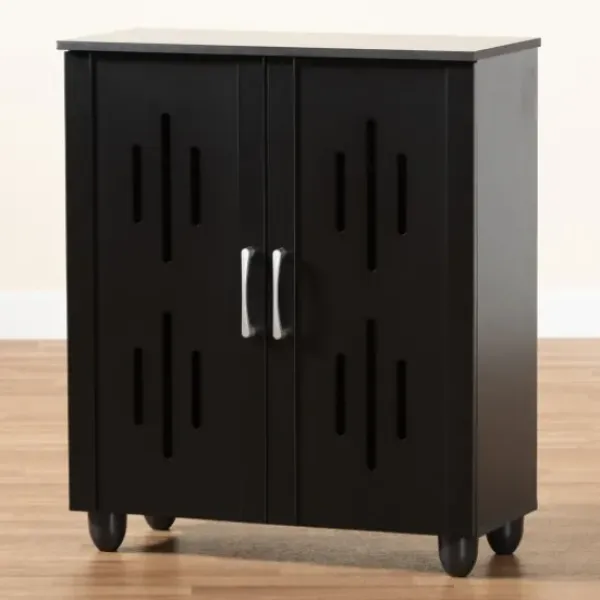 Entryway Furniture-Kirkland's Home Wood Cut-Out Shoe Storage Cabinet Black