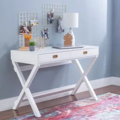Office Furniture-Kirkland's Home Wood 2-Drawer X-Frame Desk White