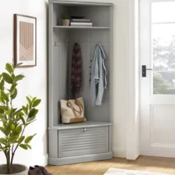 Entryway Furniture-Kirkland's Home Wood Drop Door Corner Hall Tree Gray