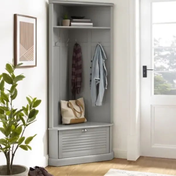 Entryway Furniture-Kirkland's Home Wood Drop Door Corner Hall Tree Gray