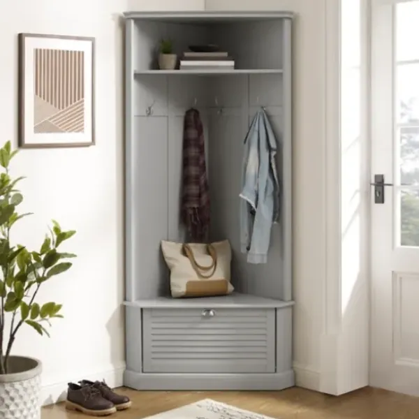 Entryway Furniture-Kirkland's Home Wood Drop Door Corner Hall Tree Gray