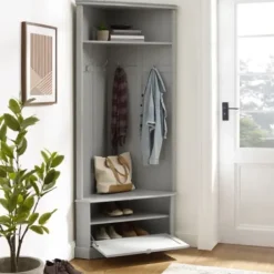 Entryway Furniture-Kirkland's Home Wood Drop Door Corner Hall Tree Gray