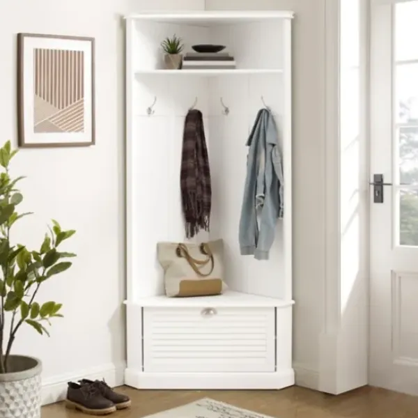 Entryway Furniture-Kirkland's Home Wood Drop Door Corner Hall Tree White