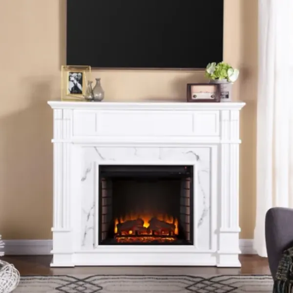 Tv Stands & Media Consoles-Kirkland's Home Wood Faux Marble Led Media Fireplace White