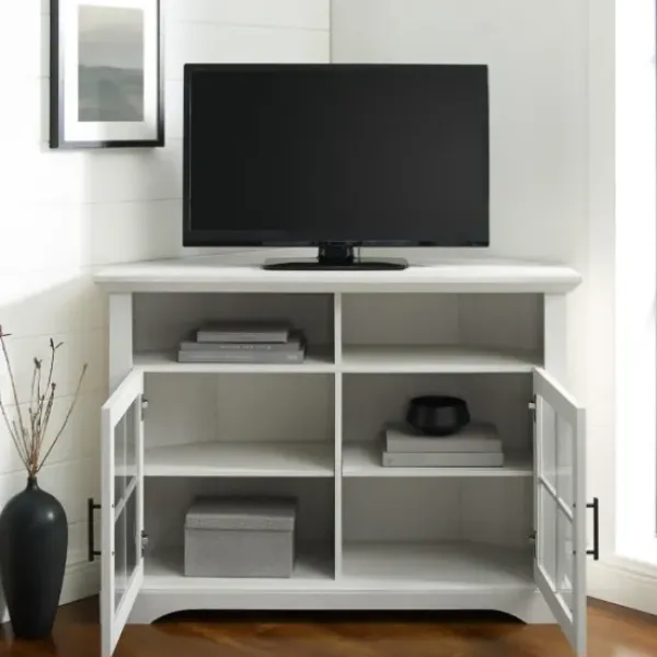 Tv Stands & Media Consoles-Kirkland's Home Wood Glass Pane Door Corner Tv Stand White