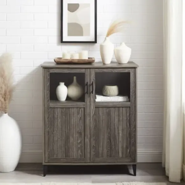 Cabinets & Sideboards-Kirkland's Home Wood Glass Windows Storage Cabinet Gray