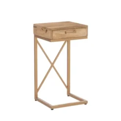 Accent & End Tables-Kirkland's Home Wood Gold Metal X-Frame Base C Table Tan