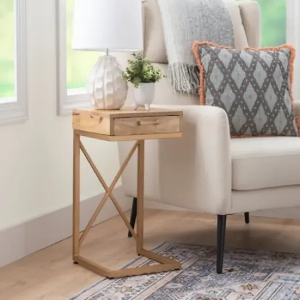 Accent & End Tables-Kirkland's Home Wood Gold Metal X-Frame Base C Table Tan