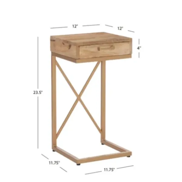 Accent & End Tables-Kirkland's Home Wood Gold Metal X-Frame Base C Table Tan