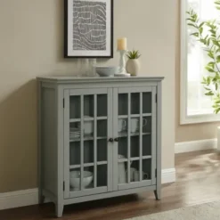 Cabinets & Sideboards-Kirkland's Home Wood Grid 2-Door Accent Cabinet Gray