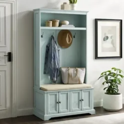 Entryway Furniture-Kirkland's Home Wood Hall Tree With Cushioned Bench Blue