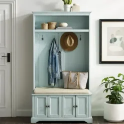 Entryway Furniture-Kirkland's Home Wood Hall Tree With Cushioned Bench Blue
