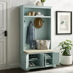 Entryway Furniture-Kirkland's Home Wood Hall Tree With Cushioned Bench Blue