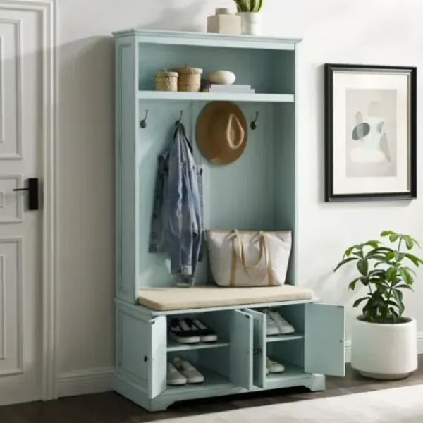 Entryway Furniture-Kirkland's Home Wood Hall Tree With Cushioned Bench Blue