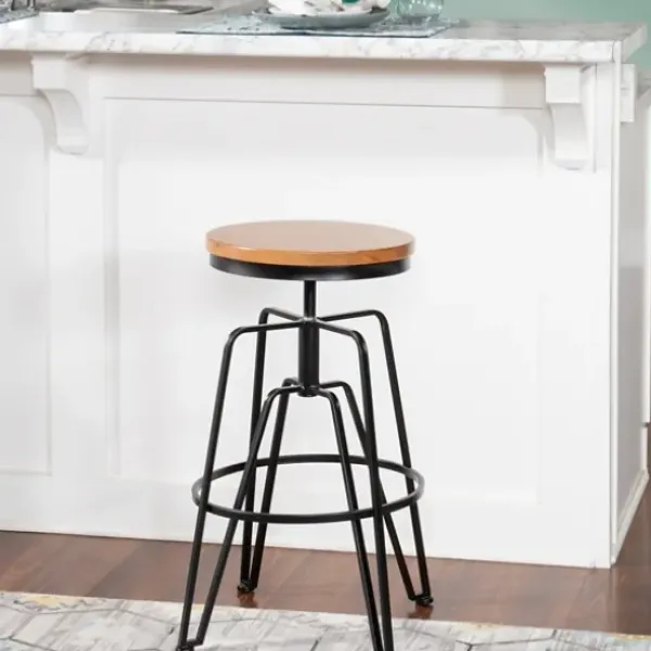 Bar Stools & Counter Height Stools-Kirkland's Home Wood Metal Black Industrial Adjustable Stool Brown