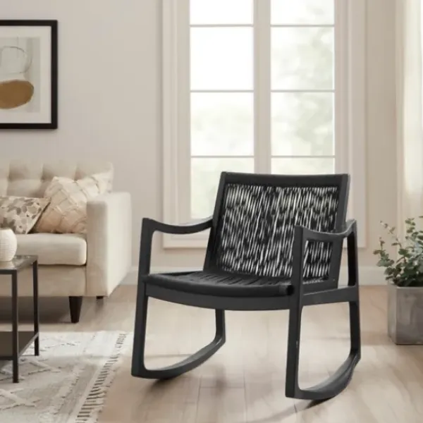 Accent Chairs-Kirkland's Home Wood Modern Woven Rocking Chair Black