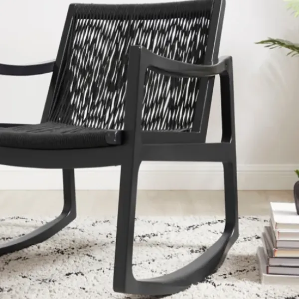 Accent Chairs-Kirkland's Home Wood Modern Woven Rocking Chair Black