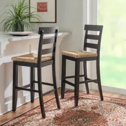 Bar Stools & Counter Height Stools-Kirkland's Home Wood Seagrass Seat Slat Back Bar Stool Black