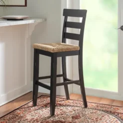 Bar Stools & Counter Height Stools-Kirkland's Home Wood Seagrass Seat Slat Back Bar Stool Black