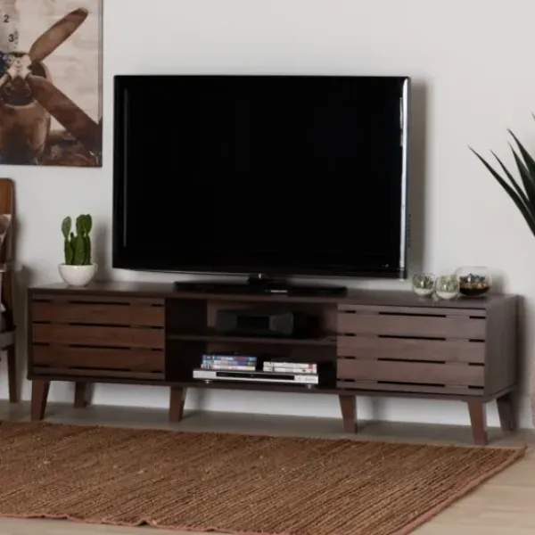 Tv Stands & Media Consoles-Kirkland's Home Wood Slatted Midcentury Tv Stand Brown