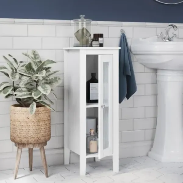 Bathroom Furniture-Kirkland's Home Wood Slim Single Glass Door Floor Cabinet White