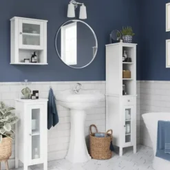 Bathroom Furniture-Kirkland's Home Wood Slim Single Glass Door Floor Cabinet White
