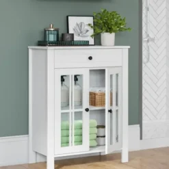 Bathroom Furniture-Kirkland's Home Wood Two Pane Glass Doors Floor Cabinet White