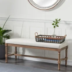 Benches & Ottomans-Kirkland's Home Wood Upholstered Burlap Seat Bench Brown
