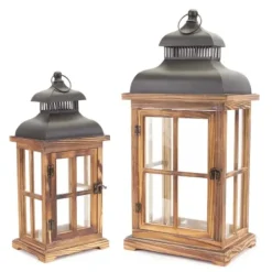 Lanterns-Kirkland's Home Wood Windowpane Slope Top Lanterns, Set Of 2 Brown/Black