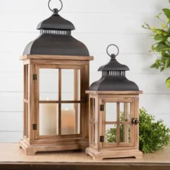 Lanterns-Kirkland's Home Wood Windowpane Slope Top Lanterns, Set Of 2 Brown/Black
