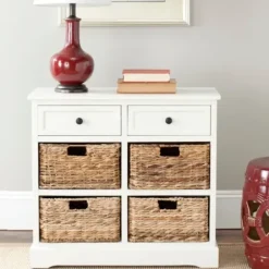Cabinets & Sideboards-Kirkland's Home Wood Woven Baskets Cabinet White