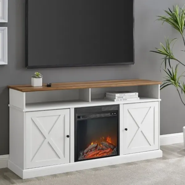 Cabinets & Sideboards-Kirkland's Home Wood X-Door Led Fireplace Cabinet White