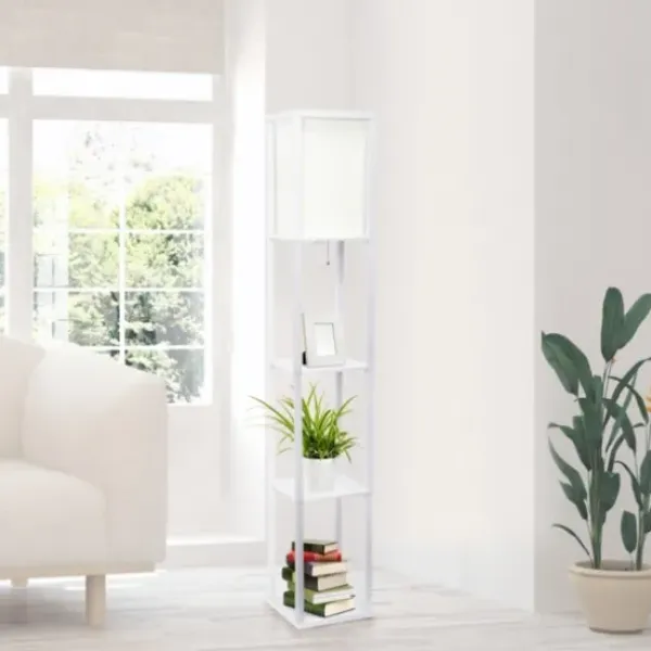 Floor Lamps-Kirkland's Home Wooden Column Shelf Floor Lamp White