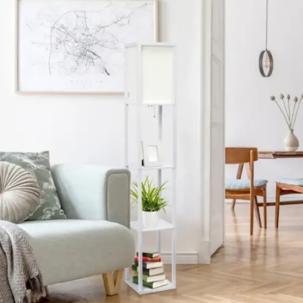 Floor Lamps-Kirkland's Home Wooden Column Shelf Floor Lamp White