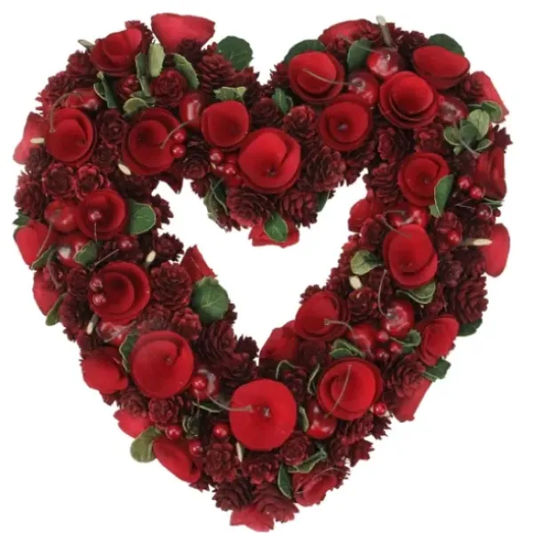 Wreaths-Kirkland's Home Wooden Roses And Cherries Valentine Heart Wreath Red