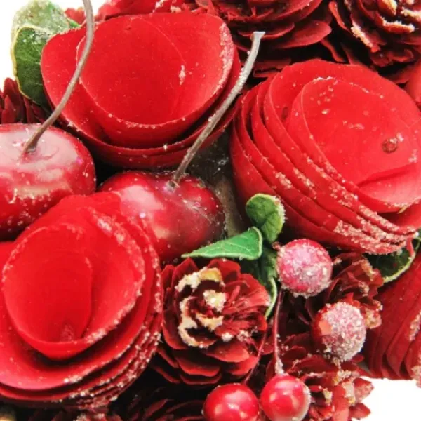 Wreaths-Kirkland's Home Wooden Roses And Cherries Valentine Heart Wreath Red